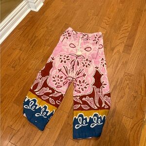 Anthropologie Pink Floral Wide-Leg Pants with Blue & Mustard Trim